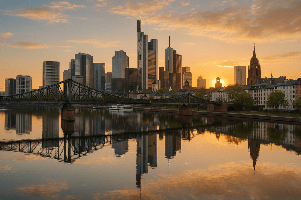 Frankfurt skyline at sunset reflecting on the Main River